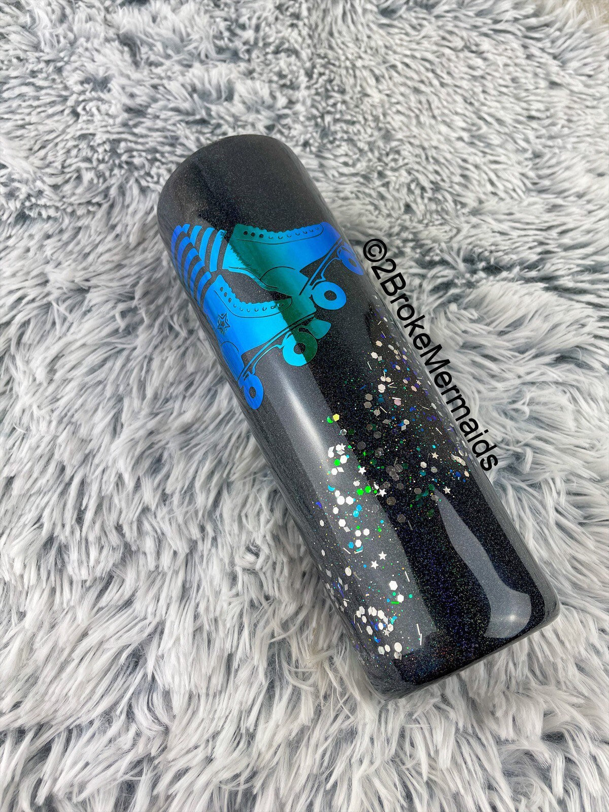 Glittered Skate 30oz Skinny Epoxy Tumbler, Holographic Roller Skate Tumbler With Straw, Roller Skate Gift Idea