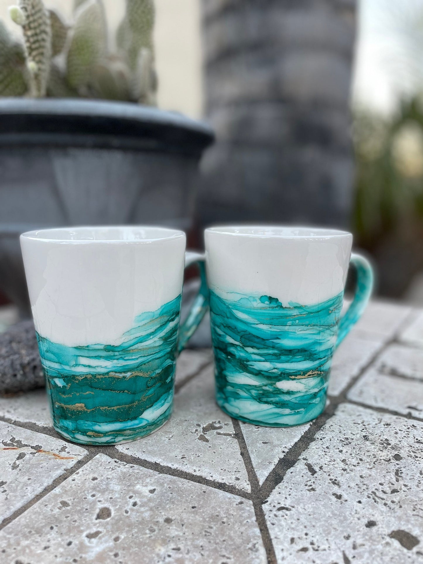 Alcohol Ink Hand-Painted Ceramic Mug Set