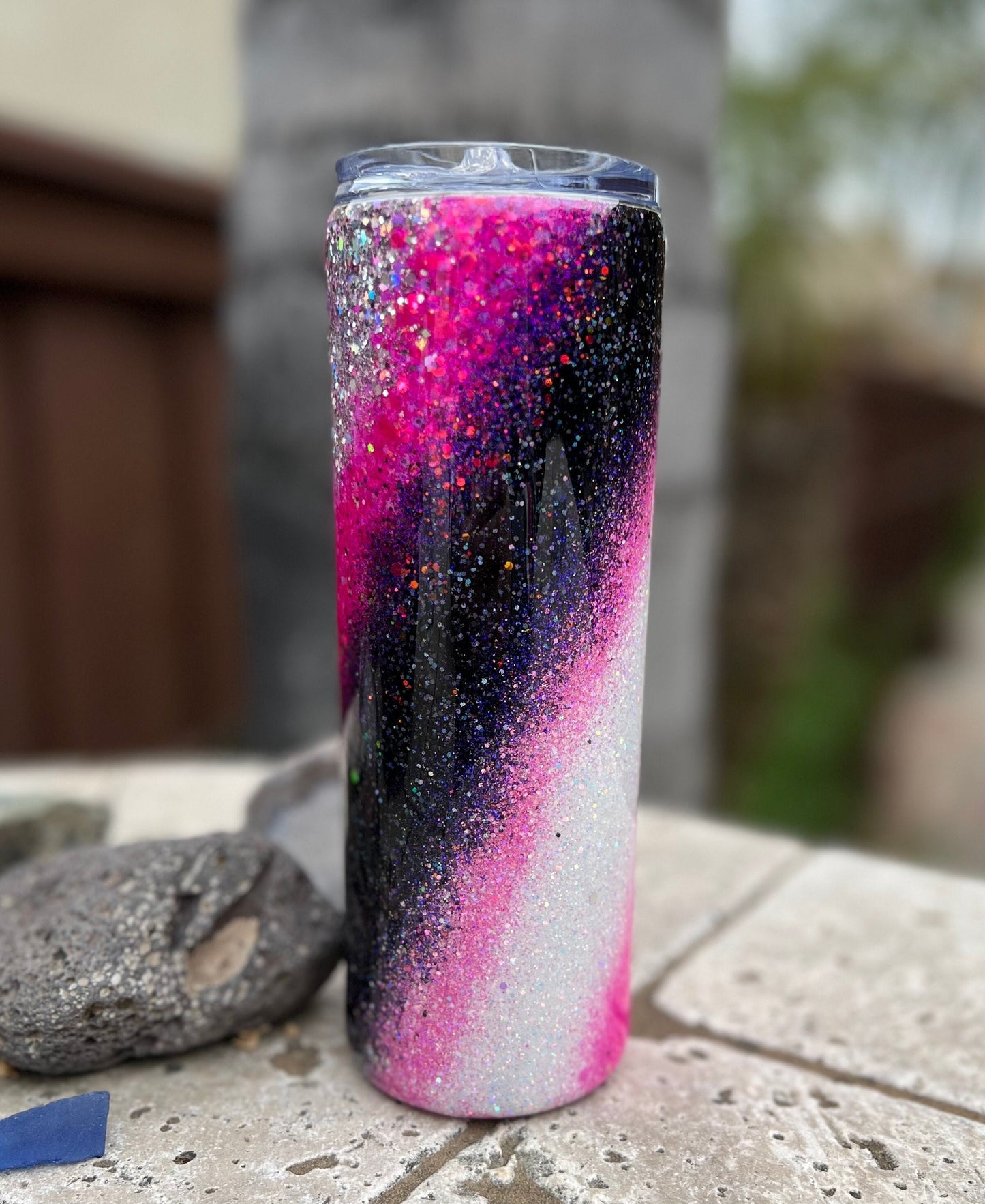 20oz Epoxy Tumbler, Hot Pink Swirl Glitter Tumbler with Straw