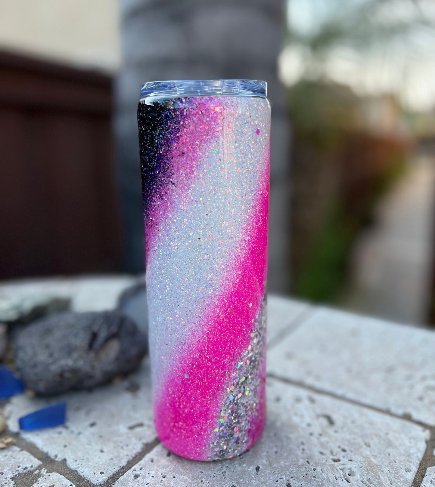 20oz Epoxy Tumbler, Hot Pink Swirl Glitter Tumbler with Straw