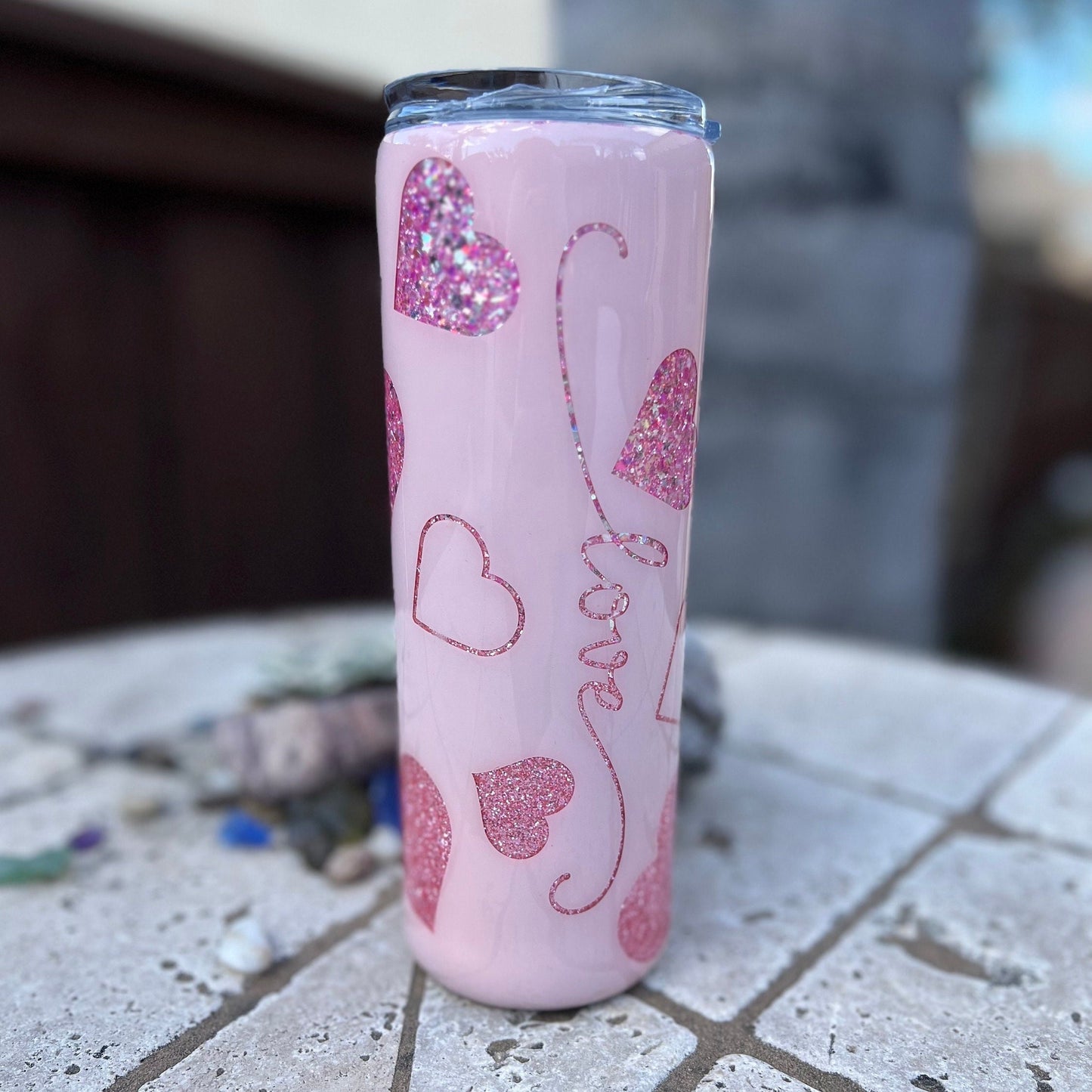 Glitter Heart 20oz Skinny Tumbler, Epoxy Valentines Tumbler With Straw, Love Tumbler Gift Idea