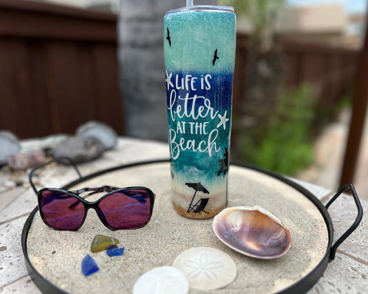 Beach Glitter 30oz Skinny Epoxy Tumbler With Straw, Summer Gift Idea