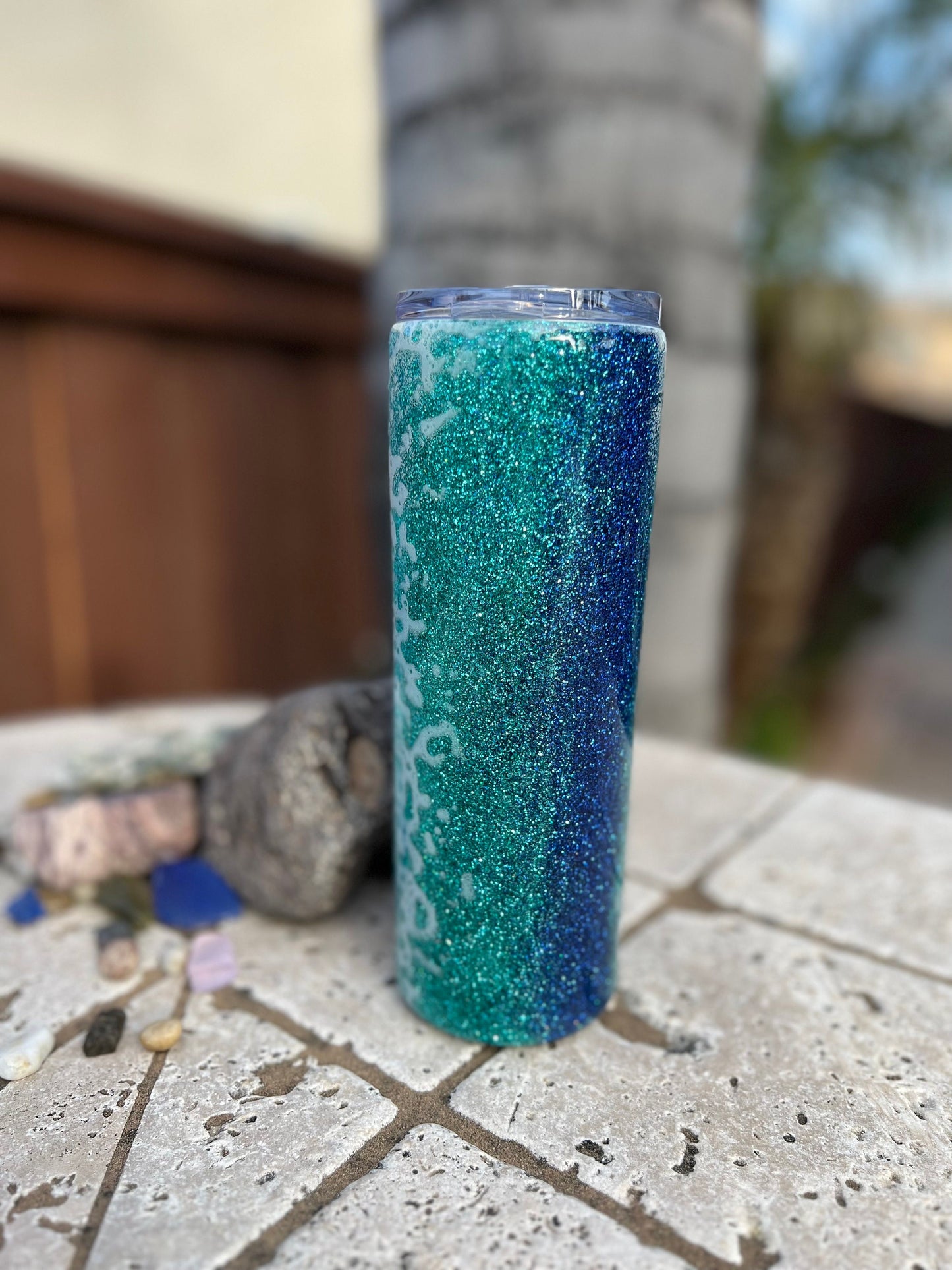 Beach Glitter 20oz Skinny Tumbler,  Epoxy Tumbler Gift Idea,  Ocean Tumbler With Straw