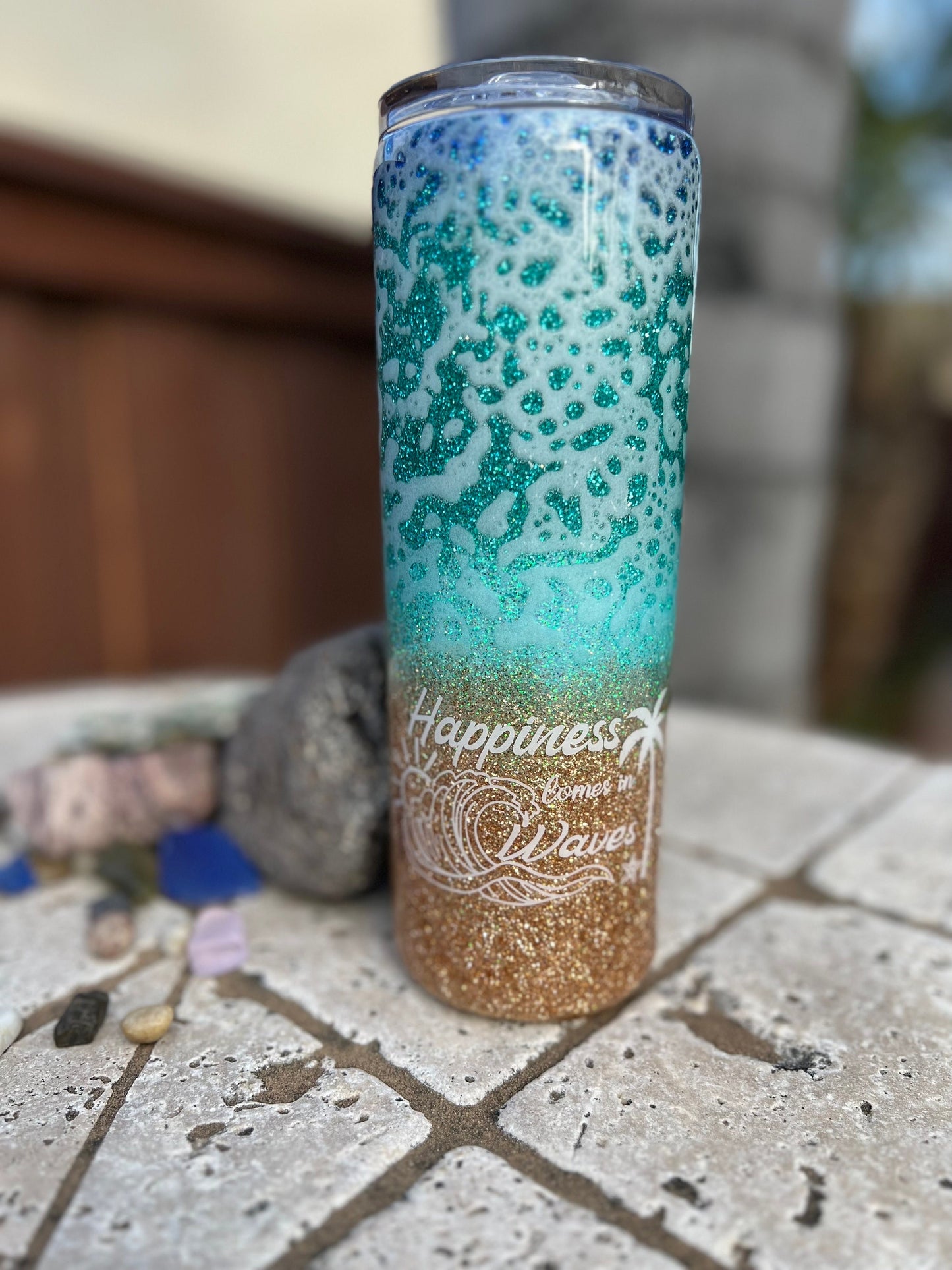 Beach 20oz Skinny Glitter Tumbler, Ocean Wave Epoxy Tumbler With Straw