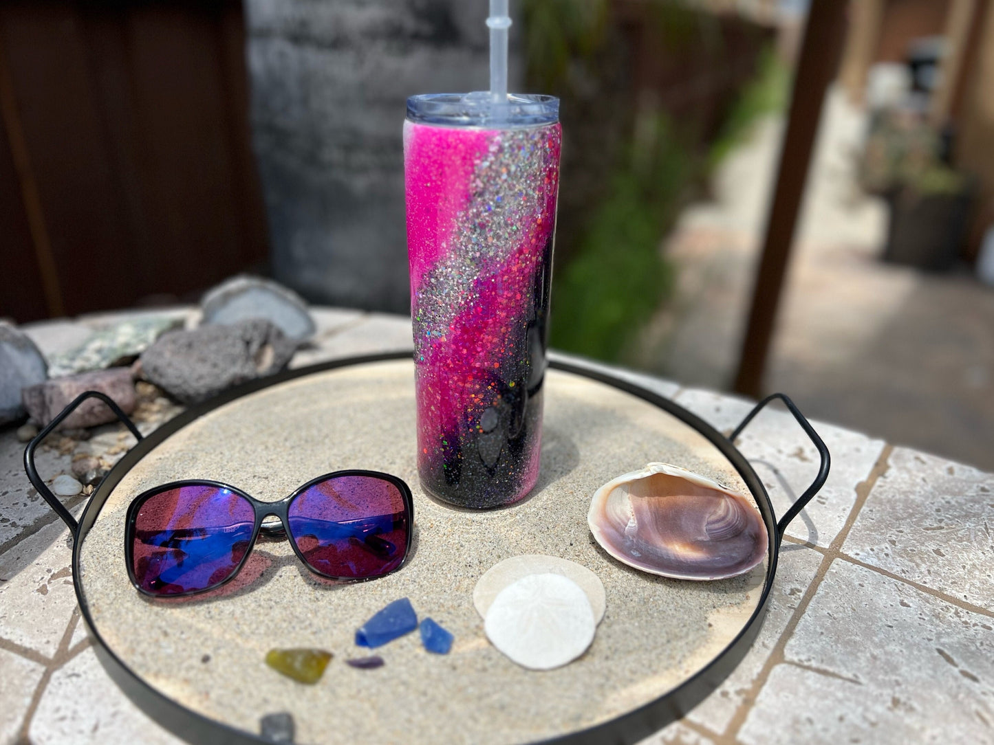 20oz Epoxy Tumbler, Hot Pink Swirl Glitter Tumbler with Straw