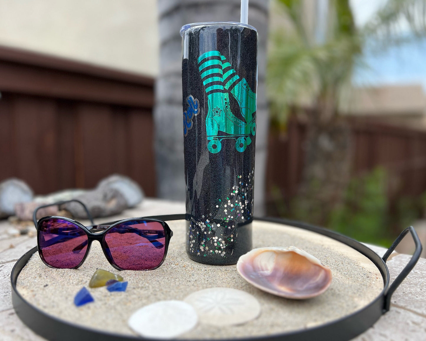 Glittered Skate 30oz Skinny Epoxy Tumbler, Holographic Roller Skate Tumbler With Straw, Roller Skate Gift Idea