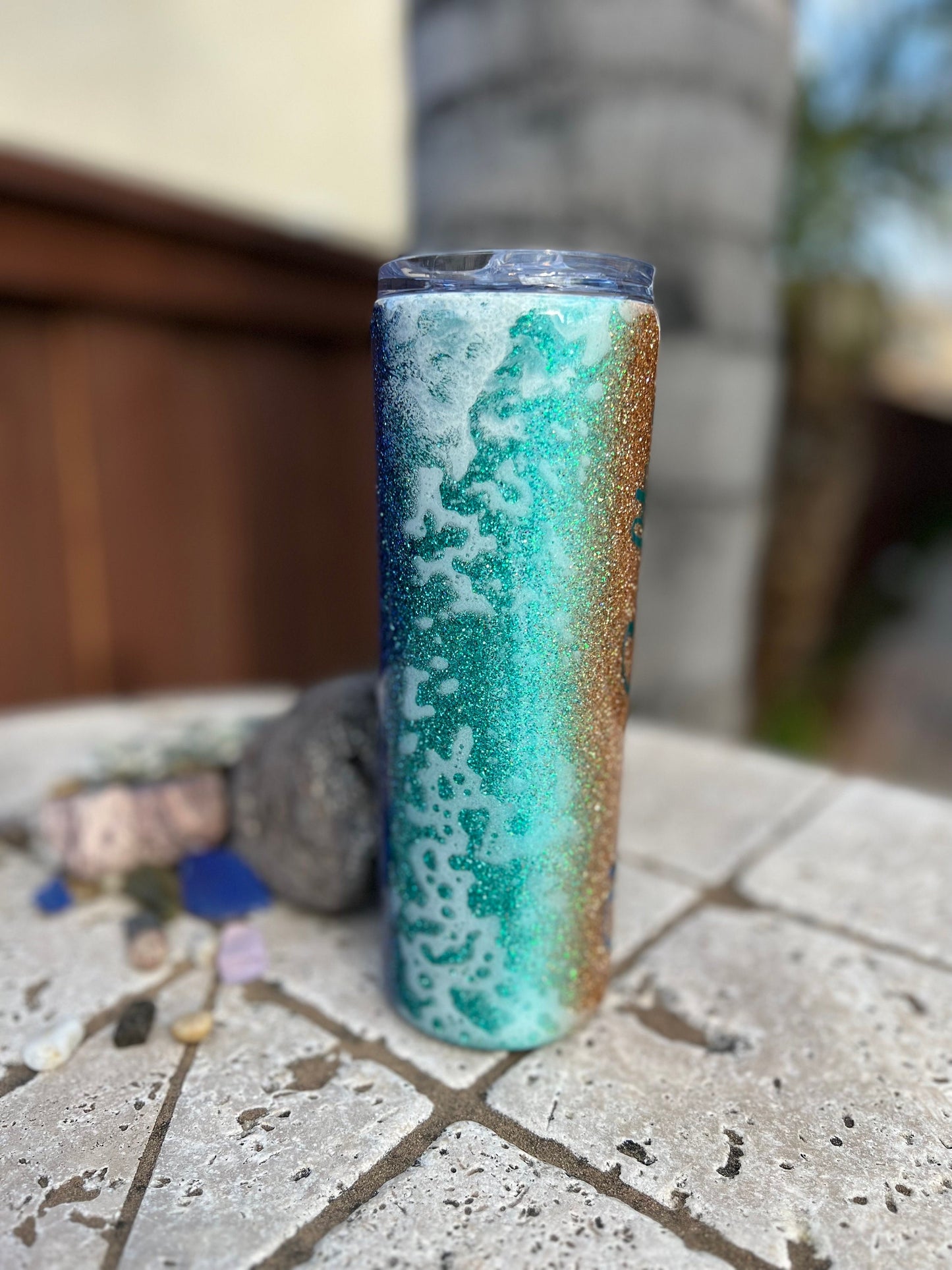 Beach Glitter 20oz Skinny Tumbler,  Epoxy Tumbler Gift Idea,  Ocean Tumbler With Straw