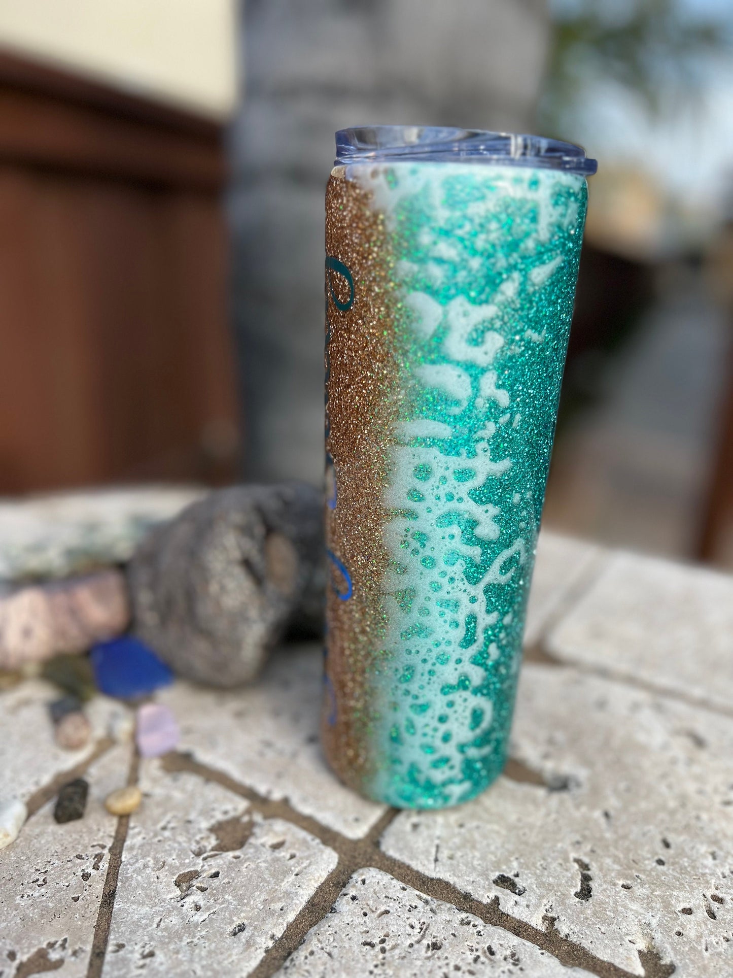 Beach Glitter 20oz Skinny Tumbler,  Epoxy Tumbler Gift Idea,  Ocean Tumbler With Straw