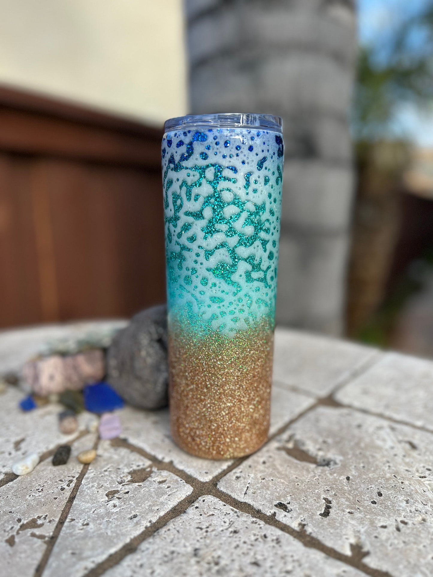 Beach 20oz Skinny Glitter Tumbler, Ocean Wave Epoxy Tumbler With Straw