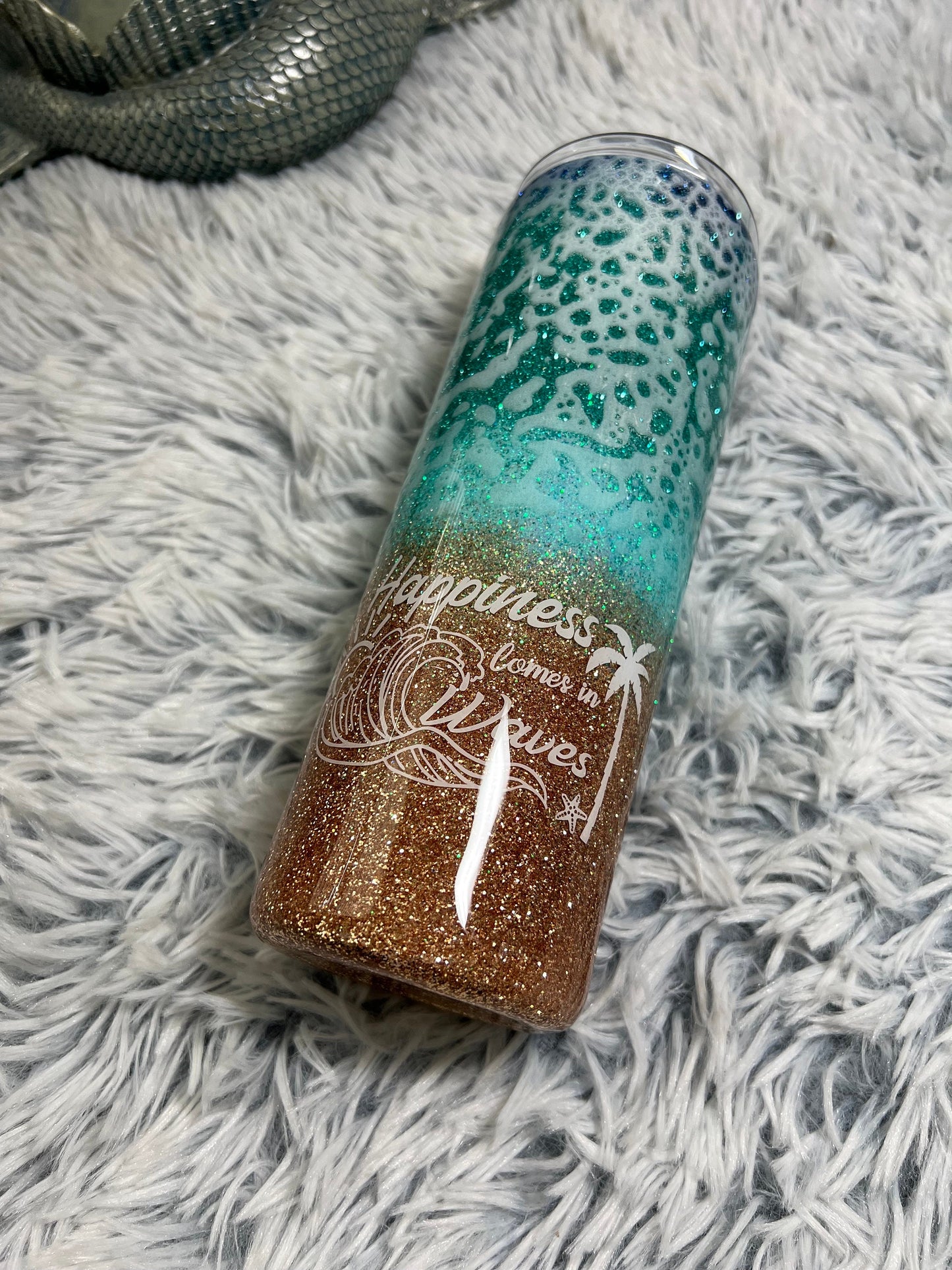 Beach 20oz Skinny Glitter Tumbler, Ocean Wave Epoxy Tumbler With Straw