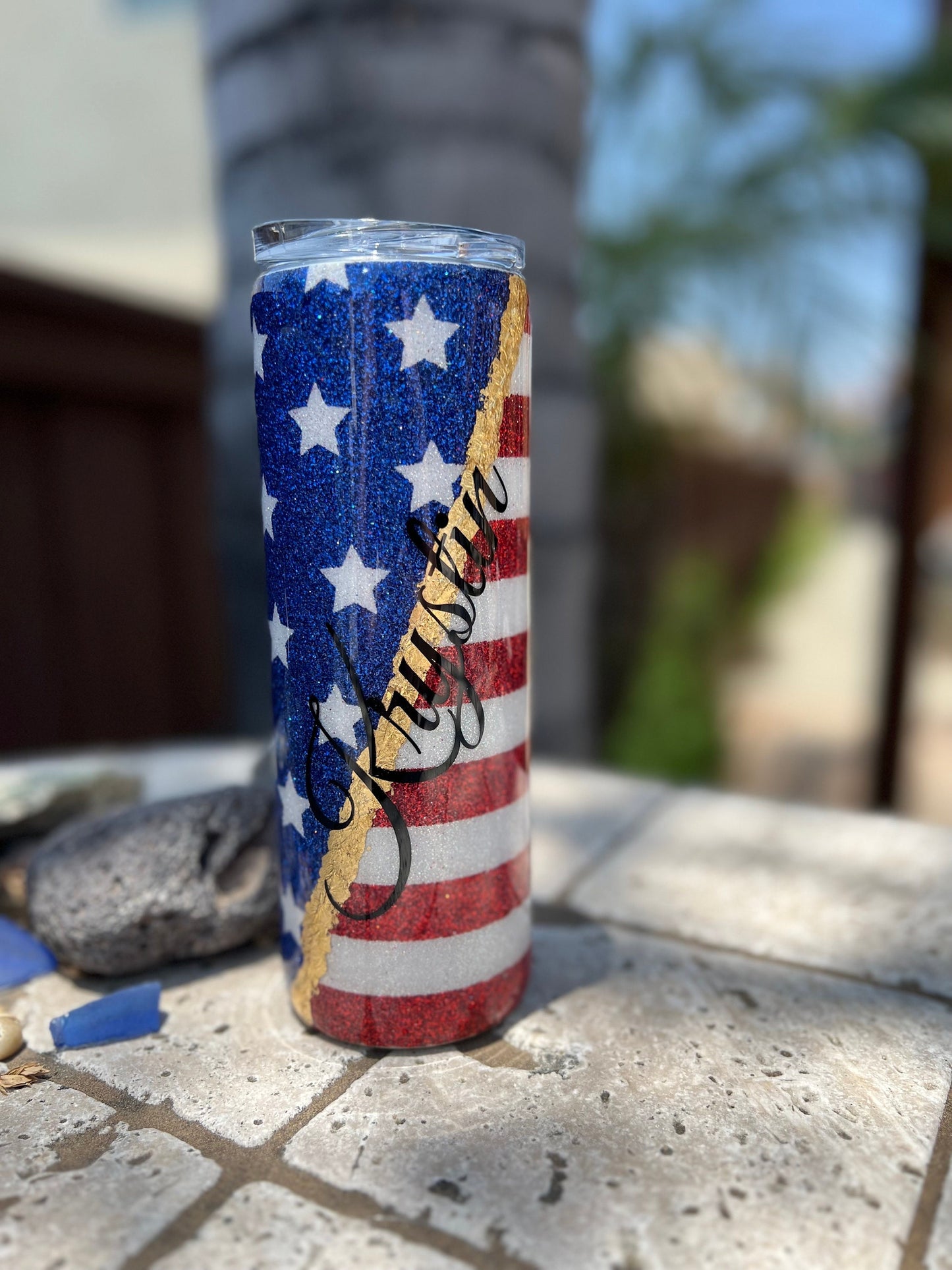 American Flag Personalized Glitter Tumbler