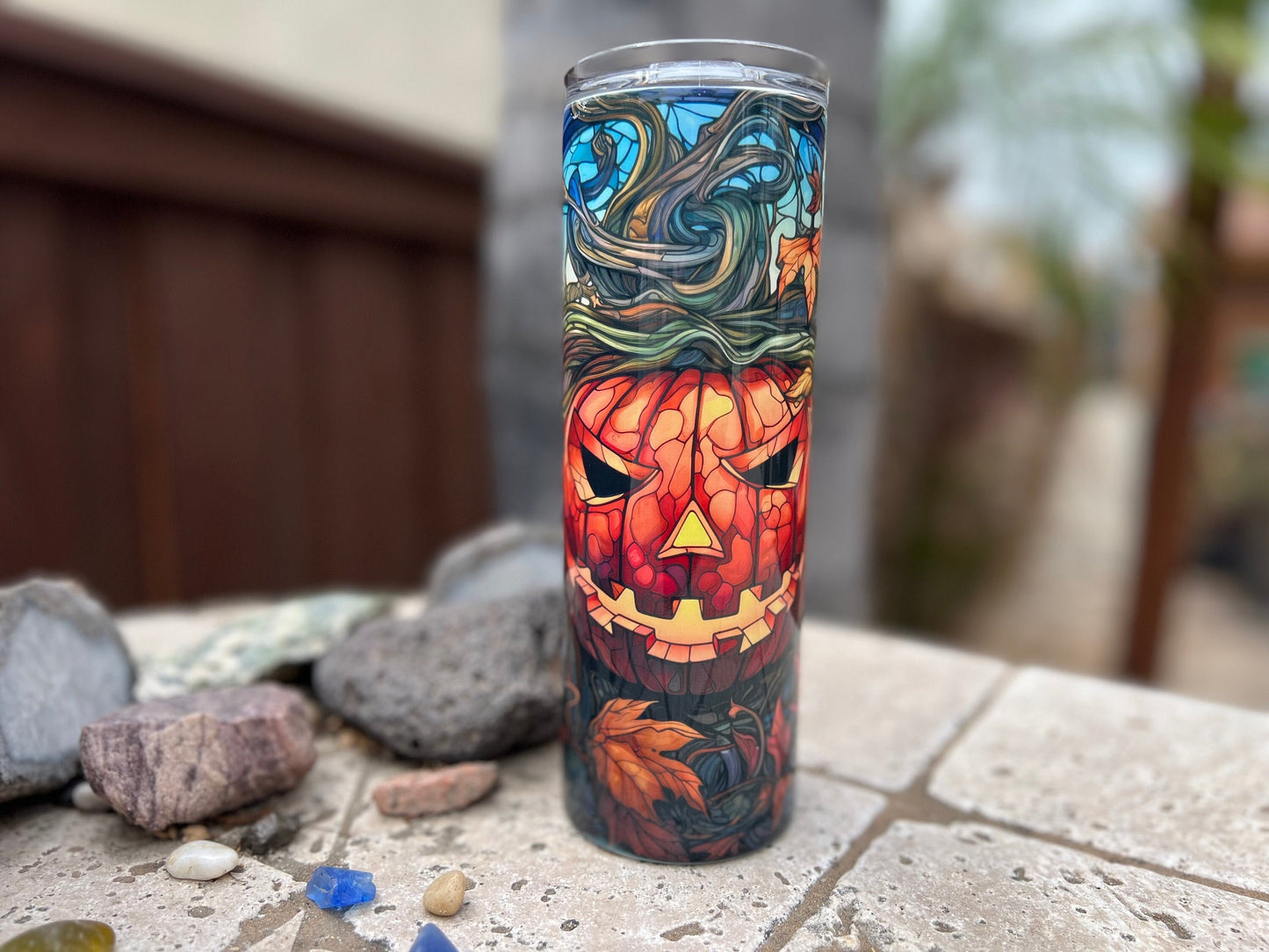 Stained Glass Jack O Lantern Halloween 20oz Tumbler With Straw