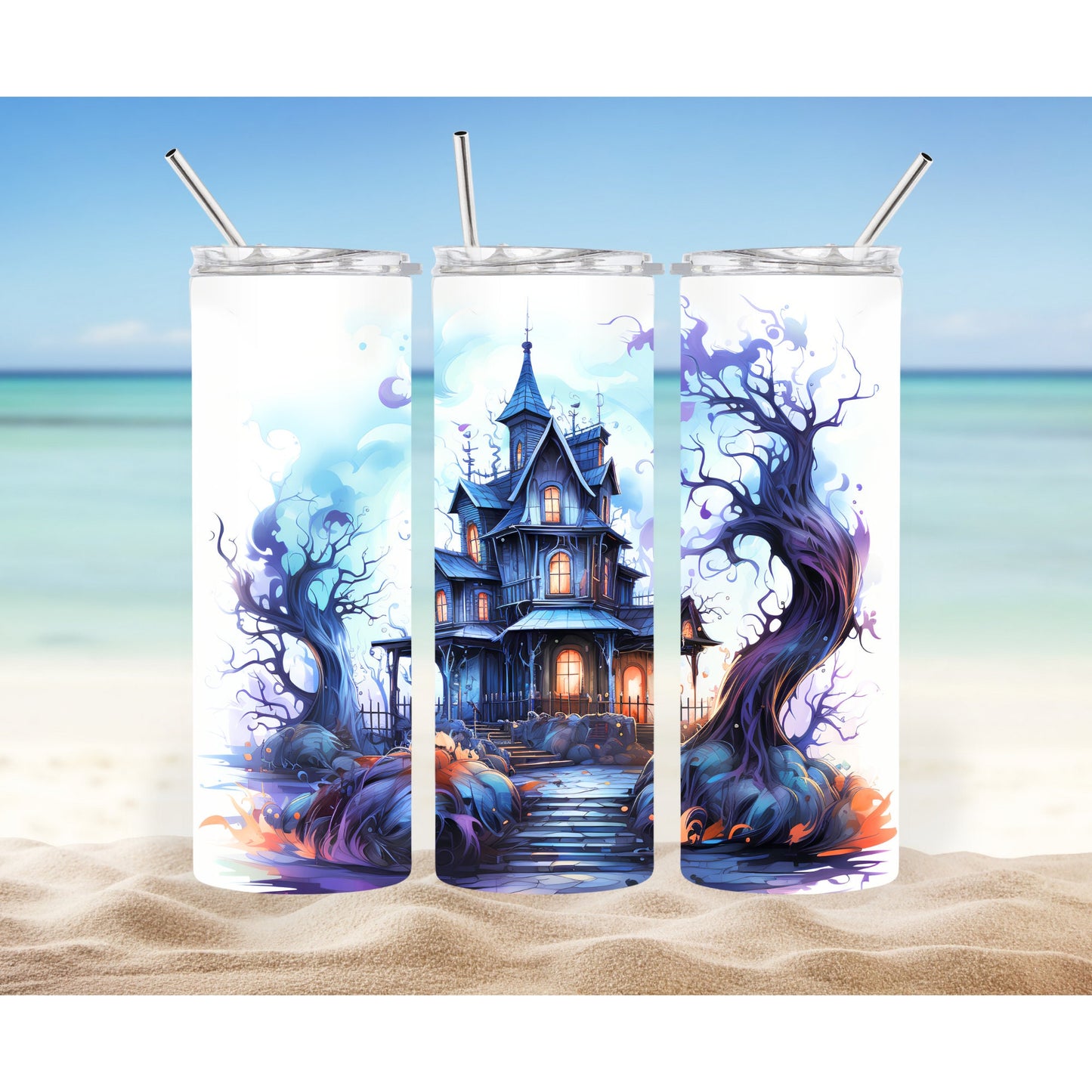 Halloween Water Color Haunted House  20oz Tumbler With Straw