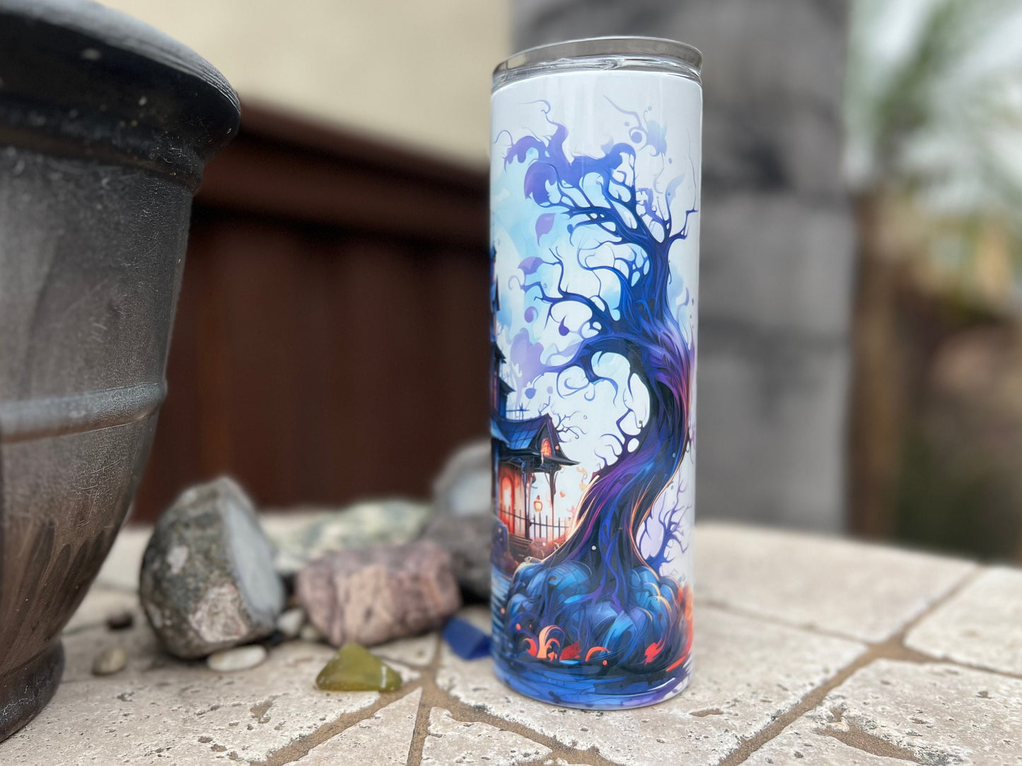 Halloween Water Color Haunted House  20oz Tumbler With Straw