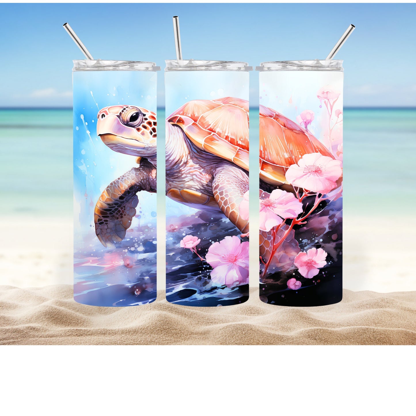 Sea Turtle and Flowers 20oz Skinny Tumbler With Straw