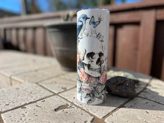 Skull and Flower 20oz Skinny Tumbler With Straw