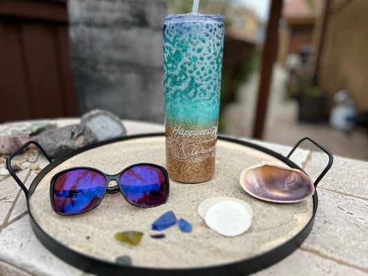 Beach 20oz Skinny Glitter Tumbler, Ocean Wave Epoxy Tumbler With Straw