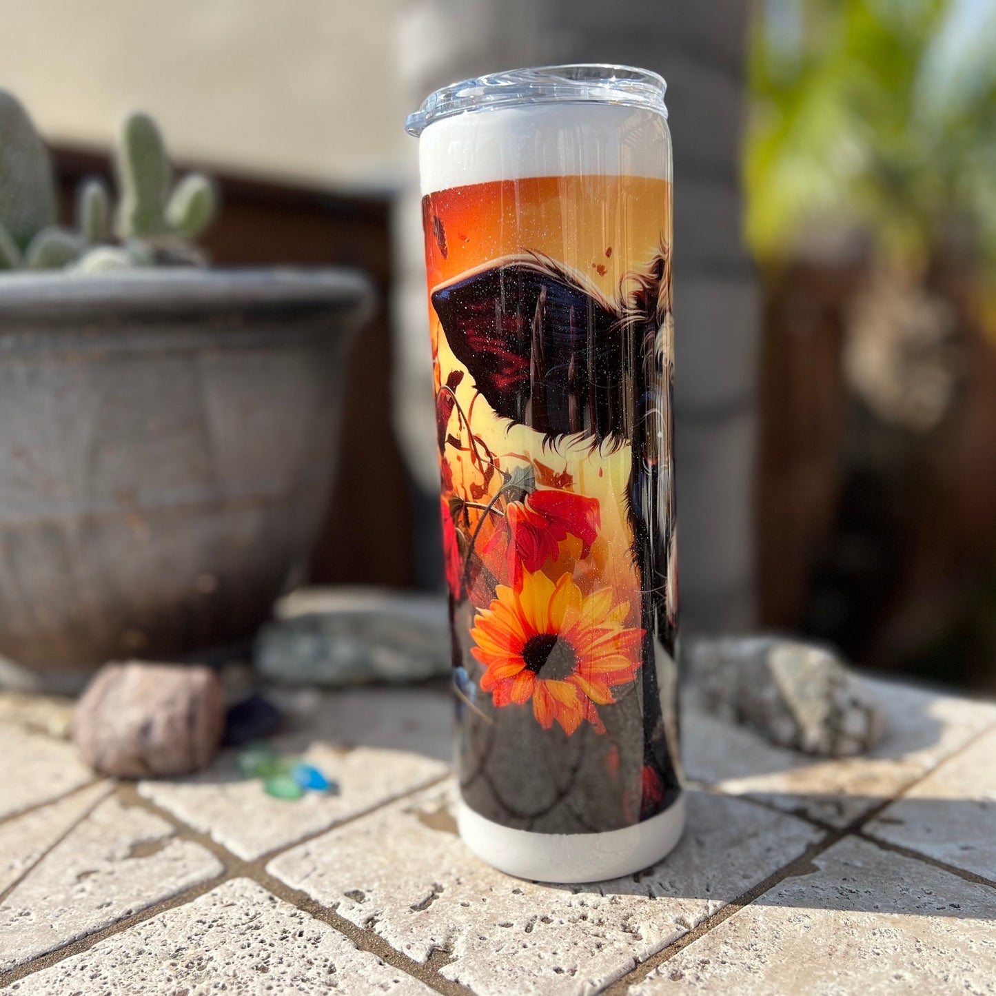 Black and White Cow with Sunset  Resin Tumbler with Straw
