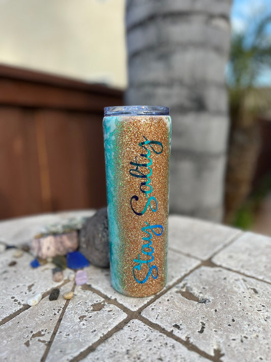 Beach Glitter 20oz Skinny Tumbler,  Epoxy Tumbler Gift Idea,  Ocean Tumbler With Straw