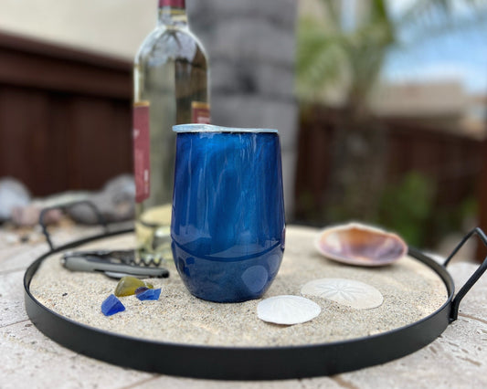 15oz Epoxy Wine Tumbler With Straw, Blue Swirl Personalized Insulated Wine Cup