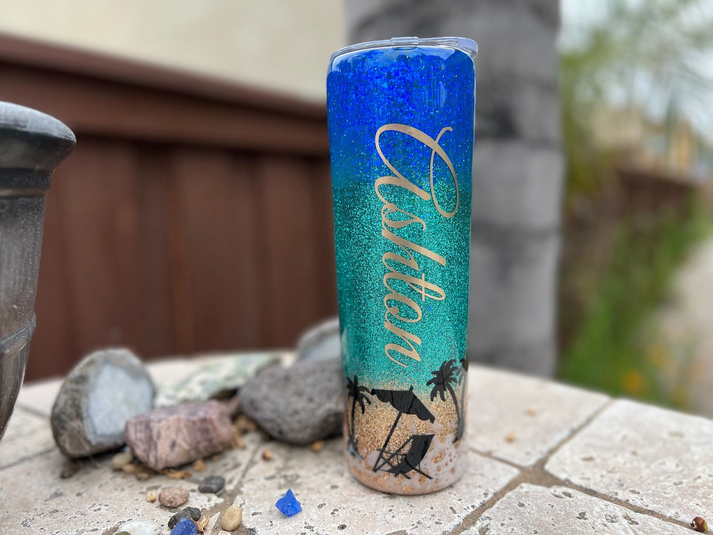 Beach Glitter Personalized Tumbler With Straw