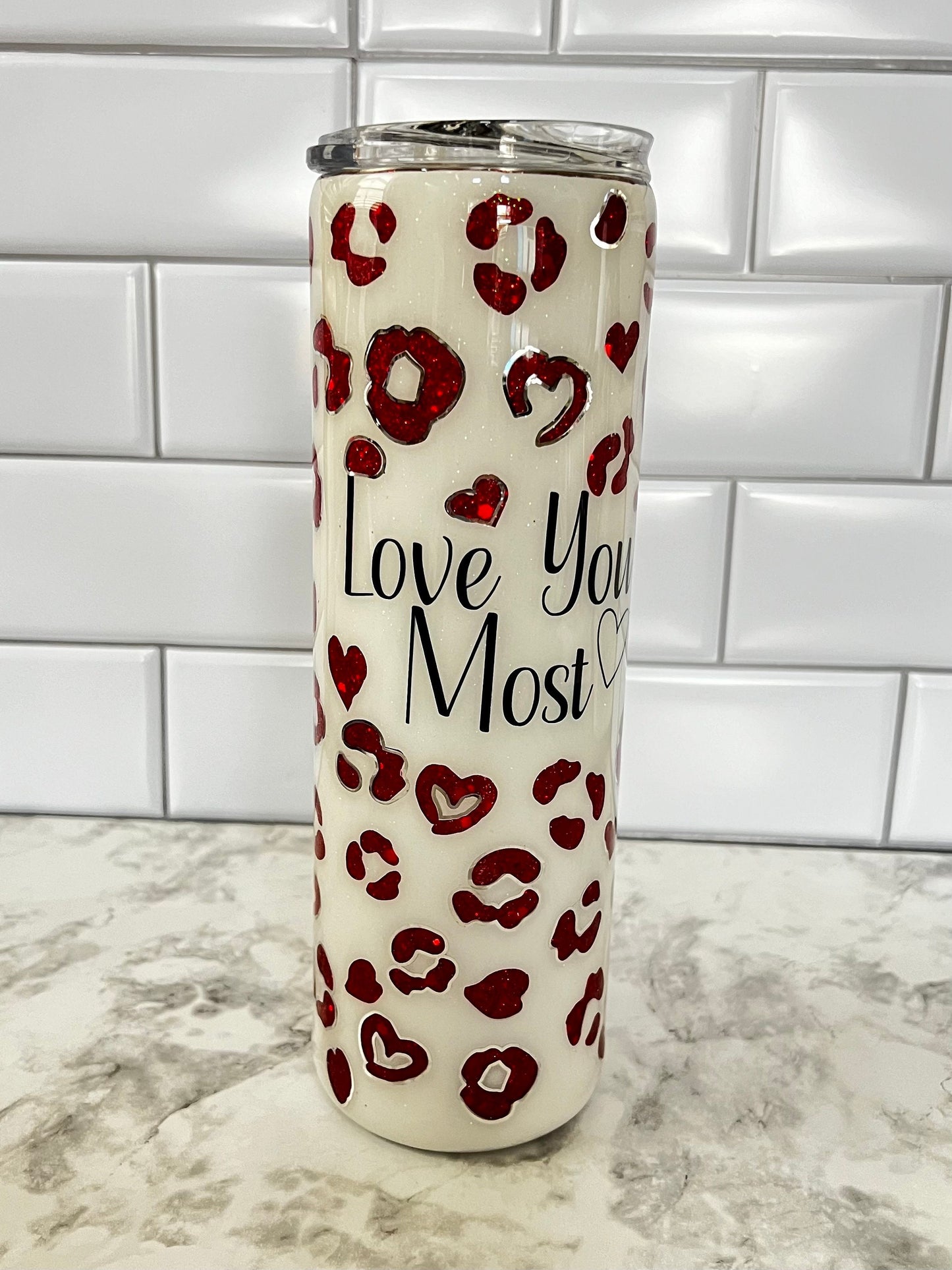 I Love You The Most Heart Leopard Print 30oz Epoxy Tumbler with straw