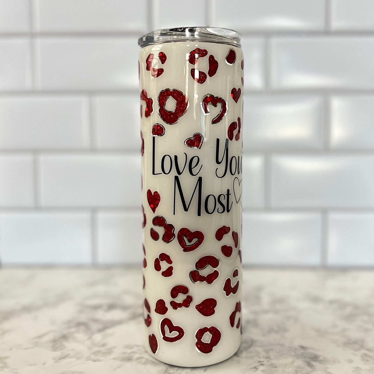 I Love You The Most Heart Leopard Print 30oz Epoxy Tumbler with straw