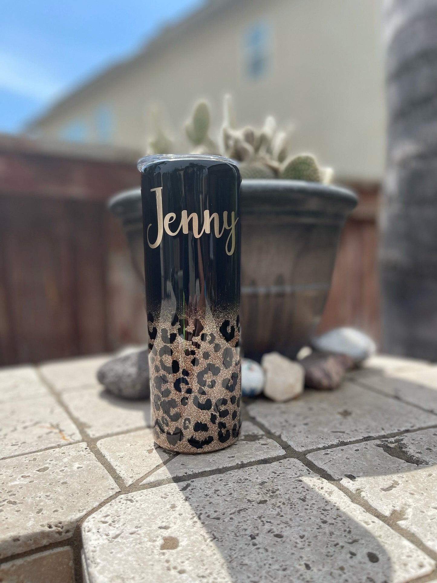 Black Leopard Personalized Gold Glitter Tumbler