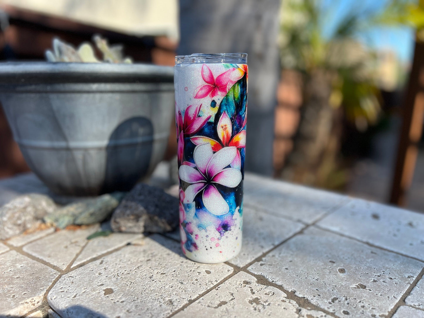 Hawaiian Flower Epoxy Resin Tumbler with Straw