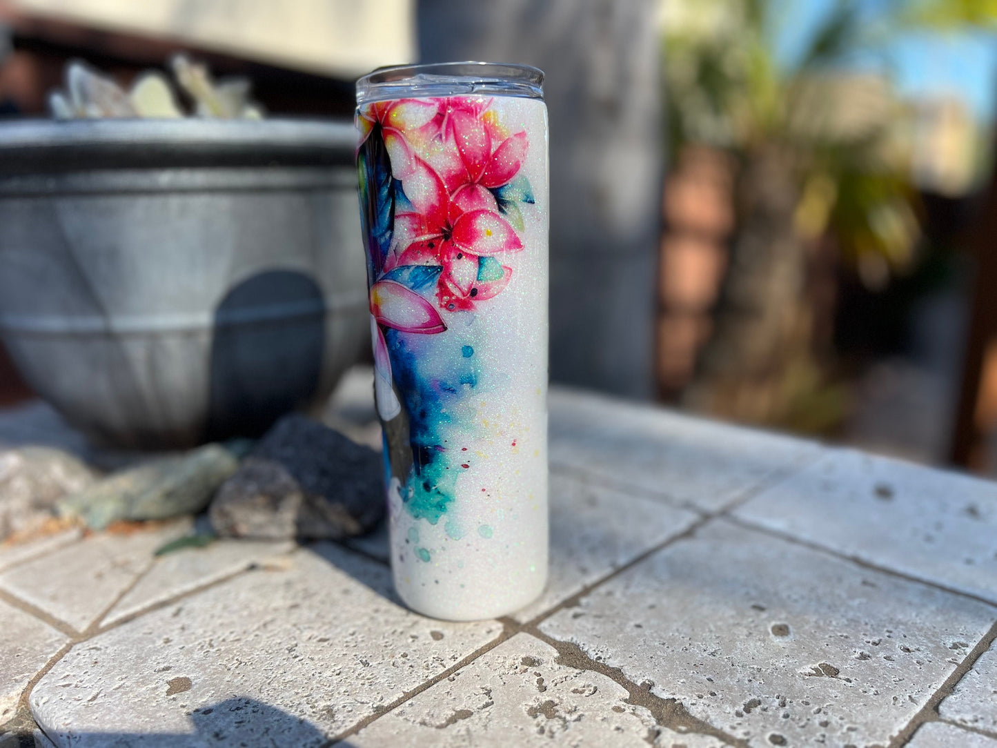 Hawaiian Flower Epoxy Resin Tumbler with Straw